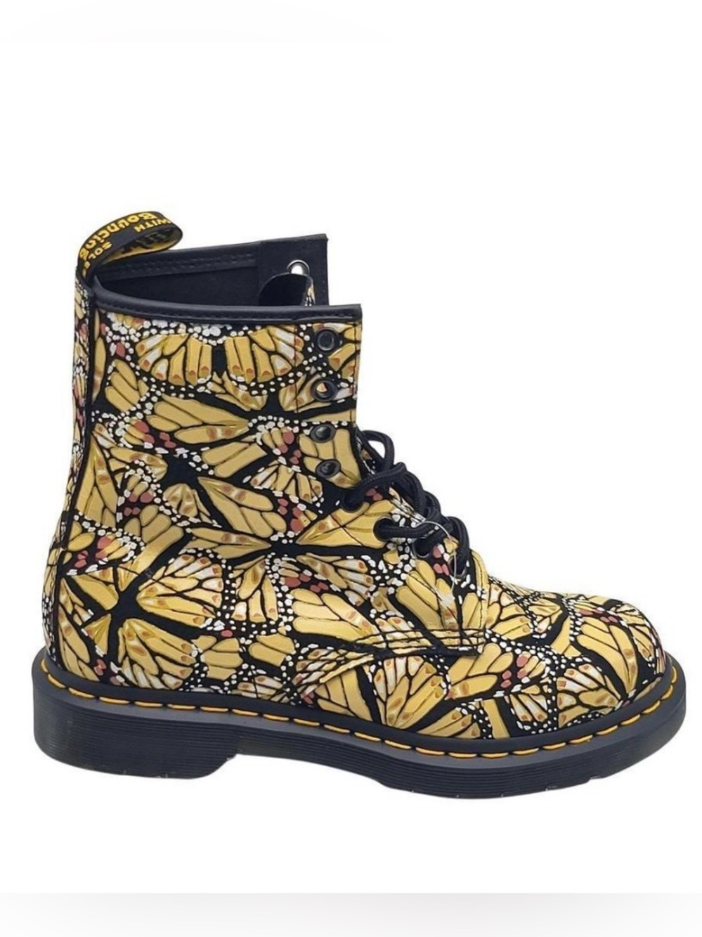 New Dr. Martens Women's Ankle Combat Boots Butterfly Print Black & yellow Sz 8.5